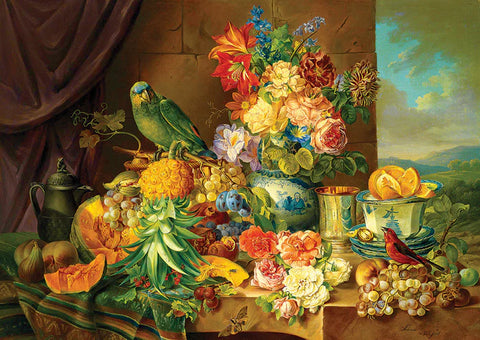 Schuster : Nature morte avec fruits, fleurs et perroquet | 1000 mcx